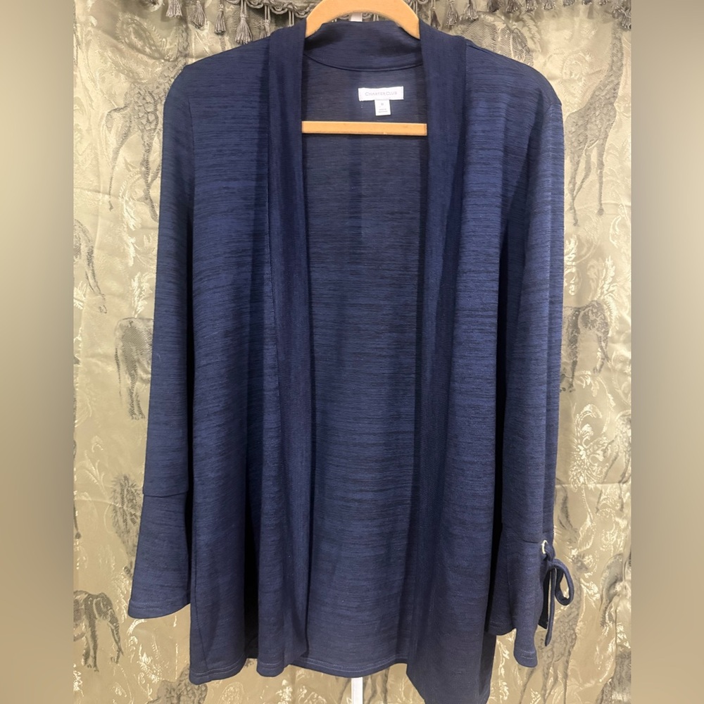 Charter Club Navy Open Cardigan with Sleeve Tie Accent - Picture 1 of 6